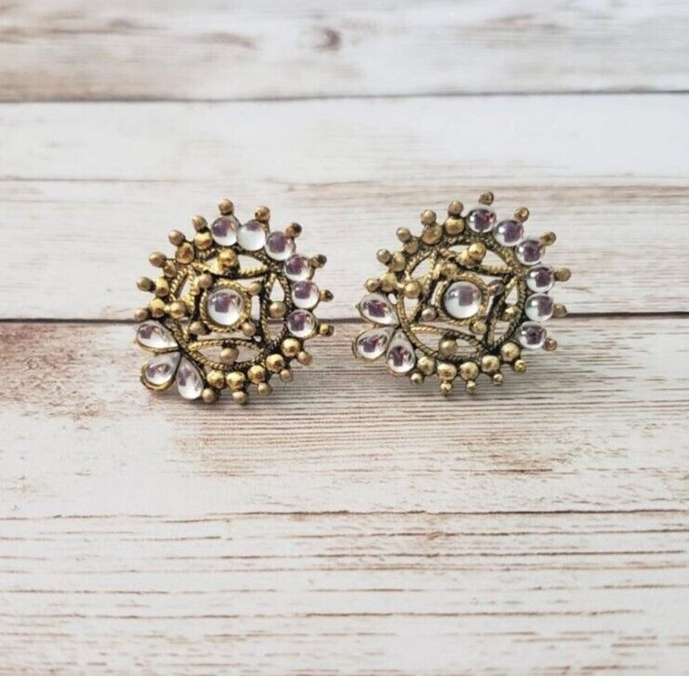 Vintage Earrings for Pierced Ears - Stunning Ornate Gold Tone & Clear Gem 1"